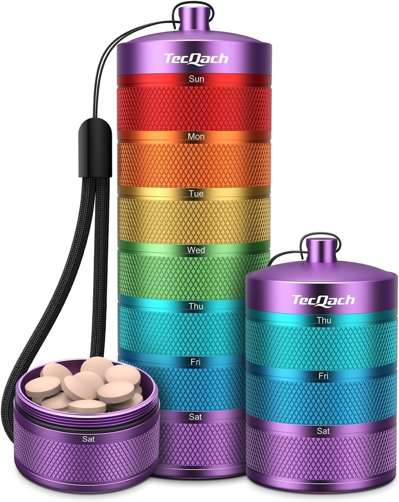 Organizzatore di pillole di viaggio in metallo, scatola di pillole settimanali impermeabile, contenitore di cassa portatile della grande lega di alluminio, titolare dell'organizzatore di medicina quotidiana di BPA gratuito 7 giorni per vitamina, supplemento, olio di pesce (7 colore)