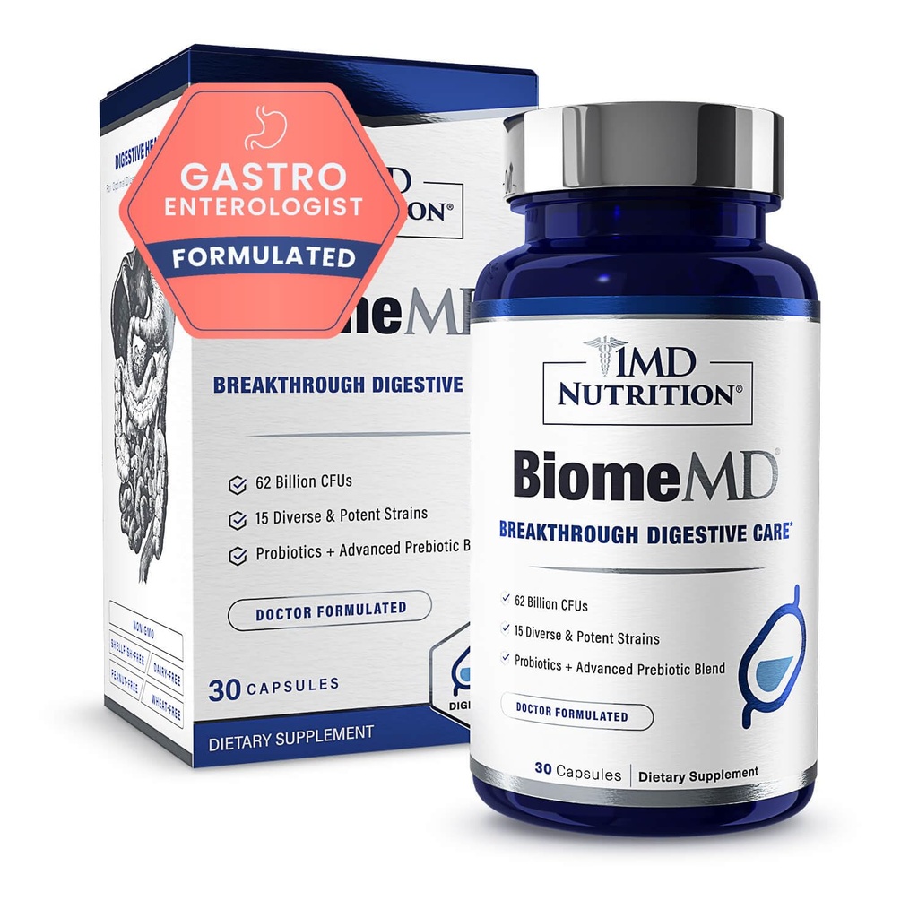 Probiotici 1MD Nutrition BiomeMD | 62 miliardi di CFU, 15 Strains Comprehensive - Pro & Prebiotics | Medico-Formulato per la salute digestiva & supporto immunitario | 30 capsule