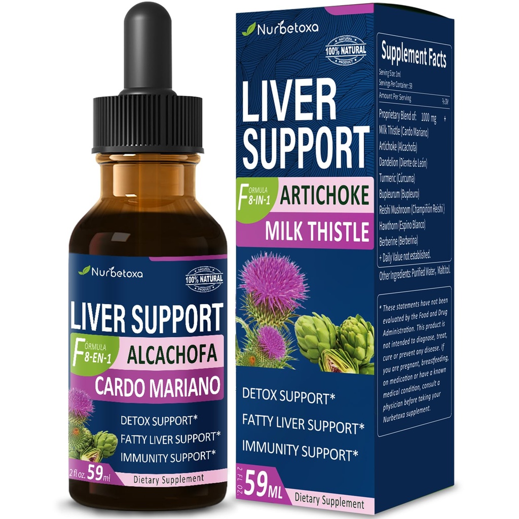 Gocce per fegato grasso, alcachofa, Curcuma y Cardo Mariano para el Higado Graso, Berberina para Bajar de Peso, fegato Detox & Riparazione Formula.2oz