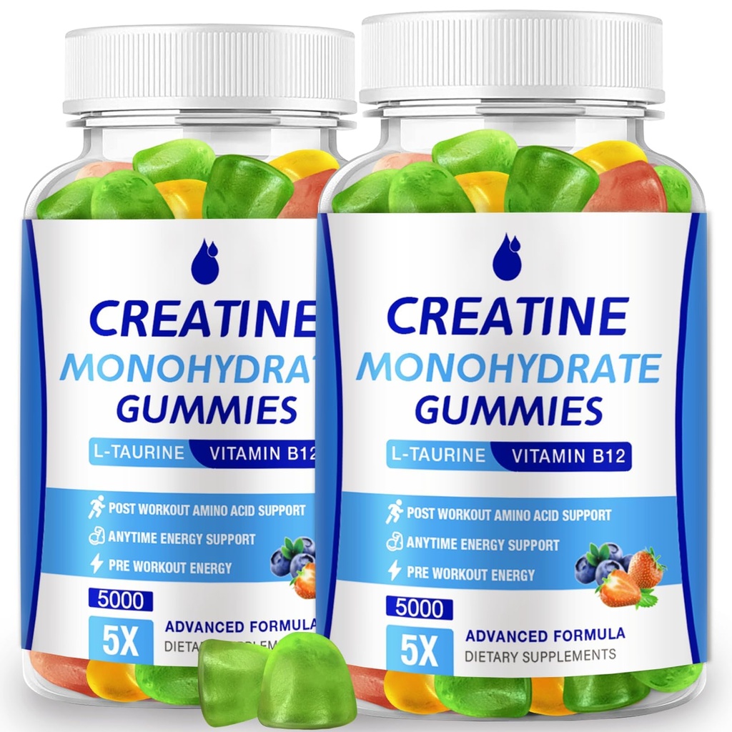 Creatina Monoidrato Gummies 5000mg Creatina per donne e uomini 2 pacchetti, Creatina Monoidrato Chew per Boost Focus, Forza del muscolo, 5g Creatina Monoidrato per Serving, Sugar Free, Vegan