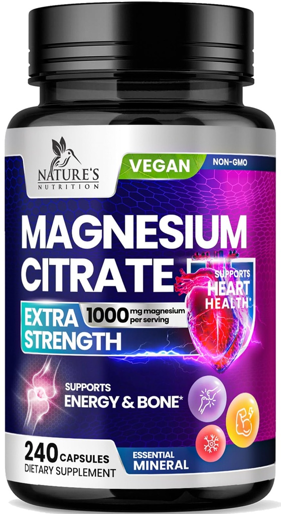 Magnesio Citrato Supplemento pillole 1000mg - 3X Forza Integratori di Magnesio per Bone, Muscolo, Cuore, Sostegno di sonno della natura per gli uomini e le donne, Vegan Mag Mineral, Non OGM, Bottigliato negli Stati Uniti, 240 Capsule