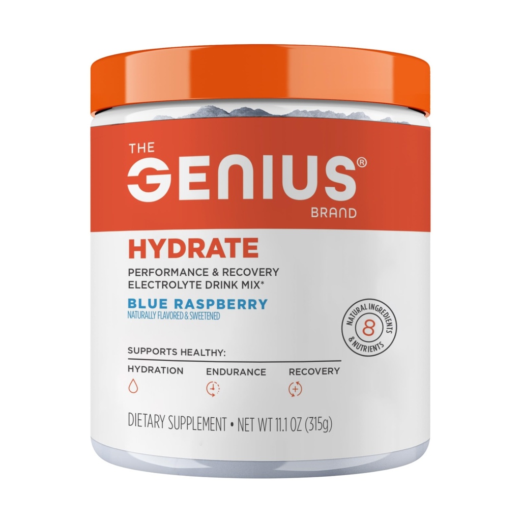 Il Genius Brand Genius Hydrate - Supplemento elettrolita per l'idratazione quotidiana - Acqua di cocco - Senza zucchero - 8 Minerali essenziali & Nutrienti - Non OGM - Blue Raspberry - 50 Serve