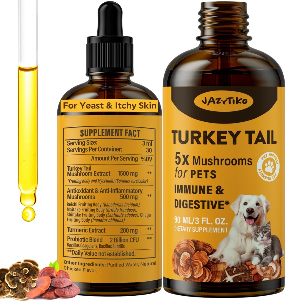 Turchia Tail Mushroom per cani - Assorbimento più veloce 2000mg Turchia Mushroom per Immune & Digestivo, Congiunto, Energia, 5X Mushrooms for Pet Drop con Turmeric & Probiotic - Vet Formulated, 90 ML/3FL.oz