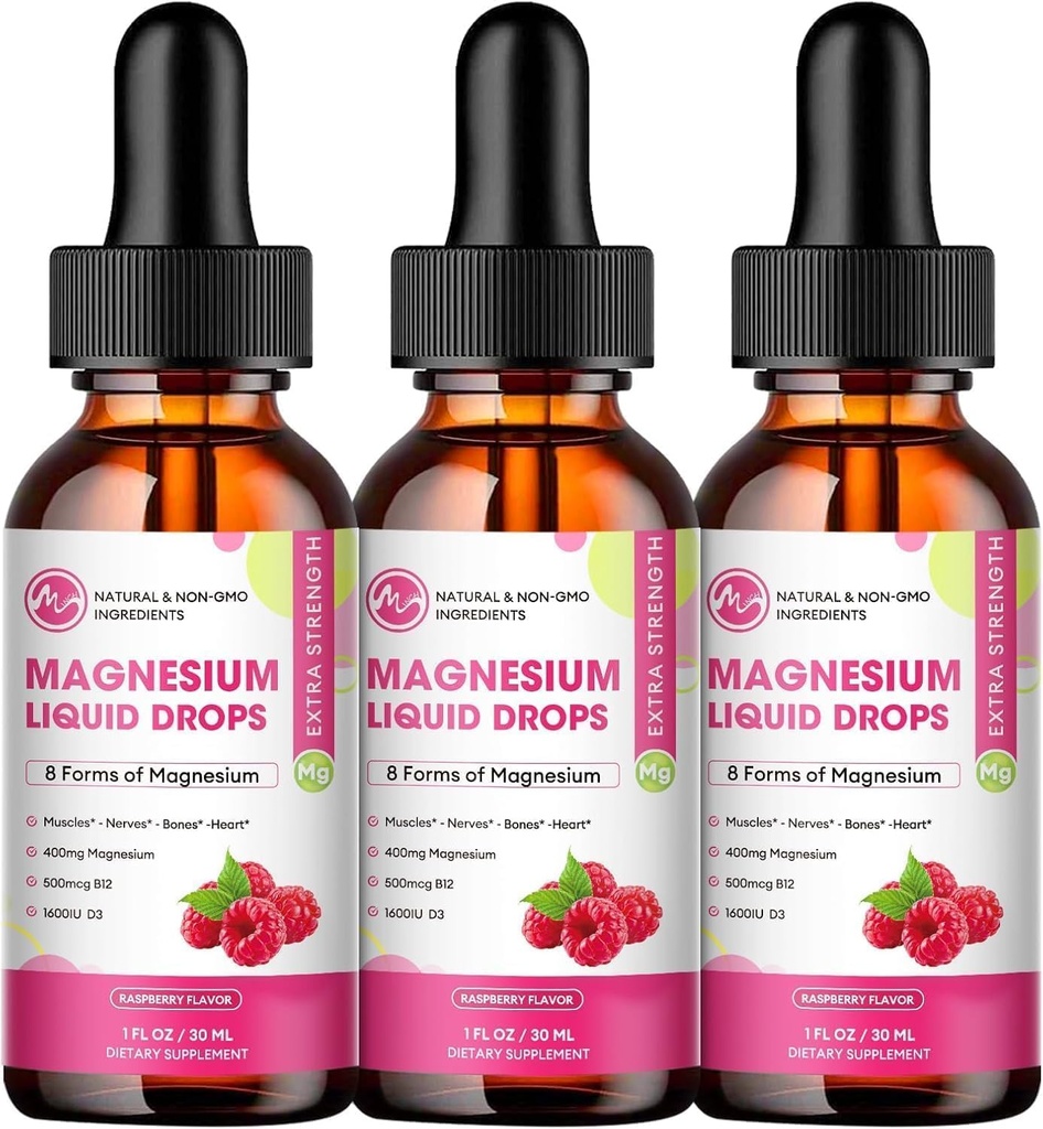 (3 Confezione) Magnesio Gocce Liquide - 8 in 1 Magnesio Supplemento Complesso con Magnesio Glycinate, Citrato, Malato, Taurate, per Cervello, Notte, Muscolo, Bone, Cramps, Raspberry Flavor