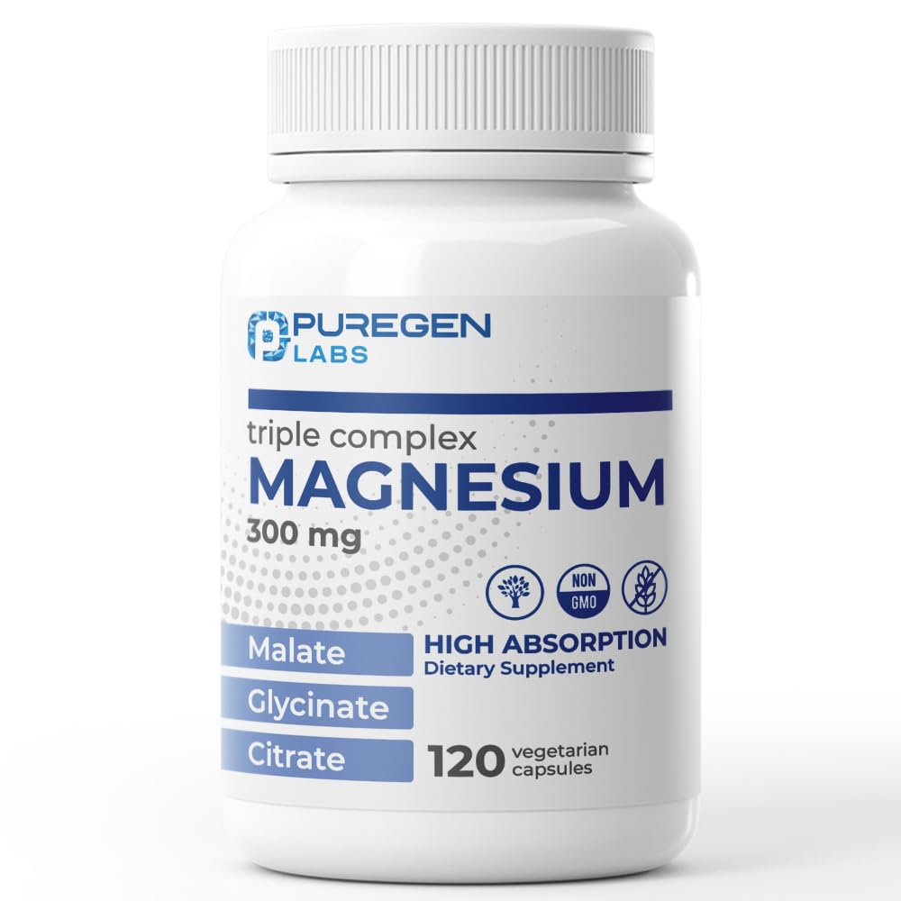 Puregen Labs Triple Magnesium Complex 300mg di Magnesio Glycinate, Malate, & Citrate [High Absorption] 120 capsule di Veg | No Harmful Additives | Non-GMO, NO Gluten and Dairy | Made in USA