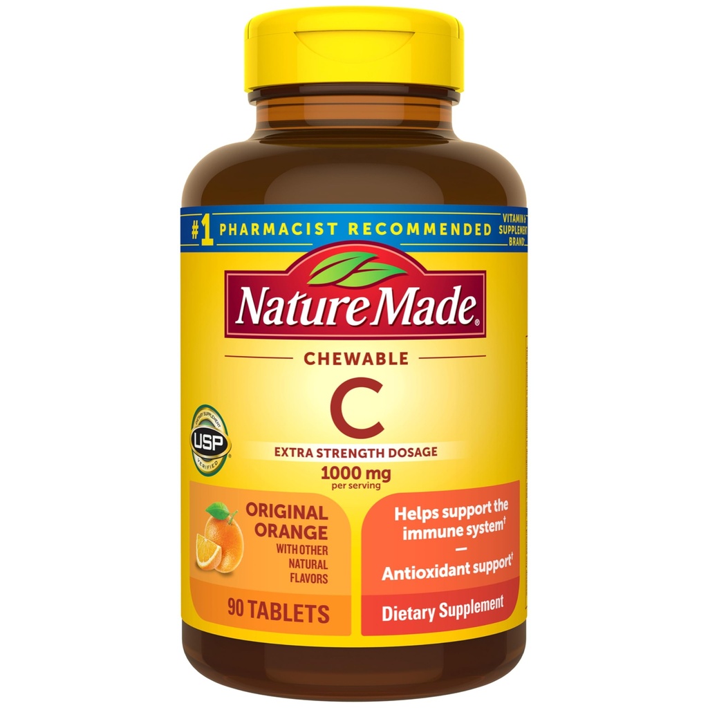 Vitamina C 1000 mg per porzione, Supplemento alimentare per vitamina C masticabile per il supporto immunitario, 90 compresse, 45 giorni di alimentazione