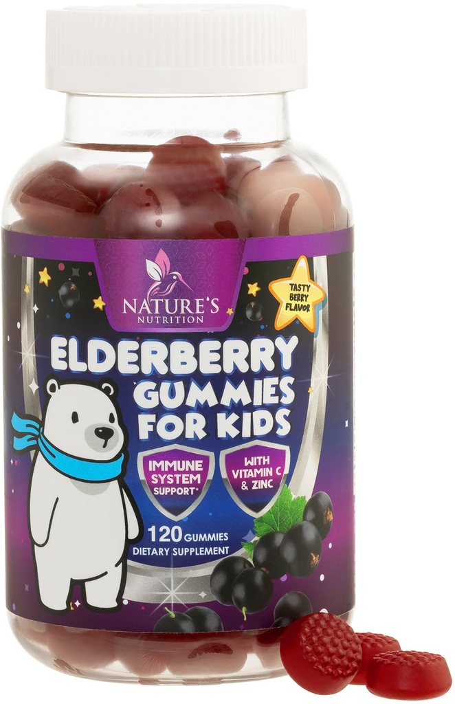 Sostegno immunitario dei bambini Gummie di sambuco - Vitamine giornaliere dei bambini C, Zinc & Kids Supporto per l'immunità Gummy - Integratore di sambuco della natura, Vegan, senza glutine, Gummie di bacche di gusto - 120 Gummies