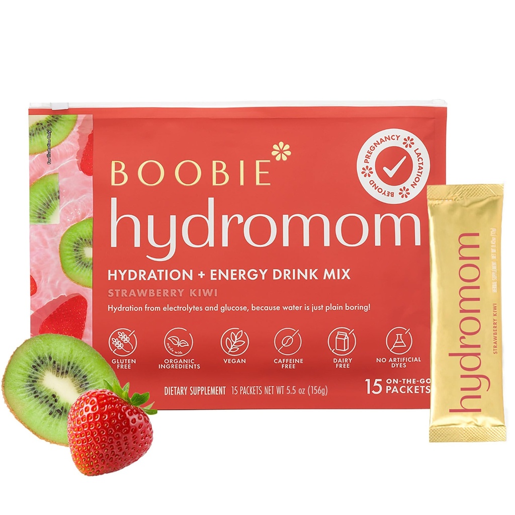 Boobie Hydromom Superfood Electrolyte Drink Mix, Strawberry Kiwi | Rinfresco energetico e idratazione per Mamas | On-The-Go & Travel Essentials for Pregnancy, Lactation, & Beyond, 15 Packets
