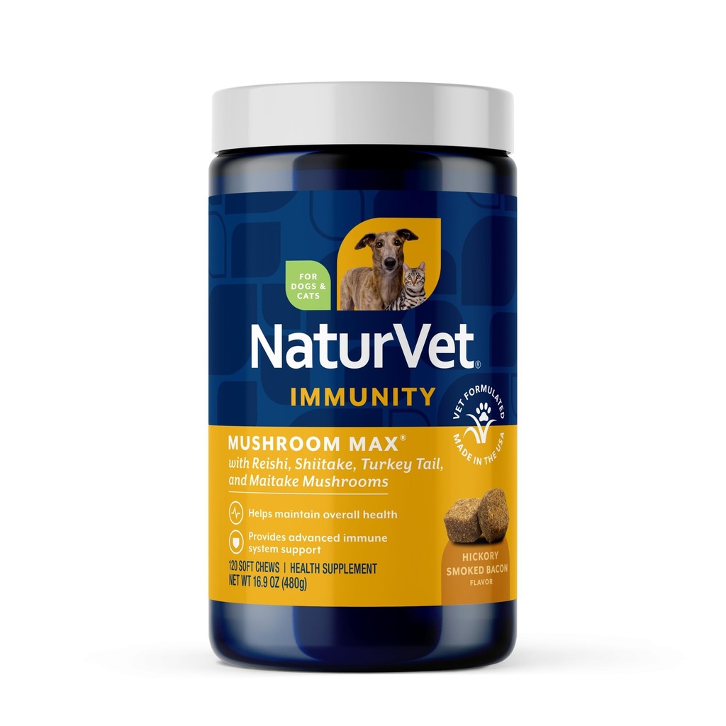 NaturVet Mushroom Max Advanced Immune Support Dog Supplement – Aiuta a rafforzare l'immunità, la salute generale per i cani – Include funghi Shitake, Reishi, Turchia Tail – 120 Ct.