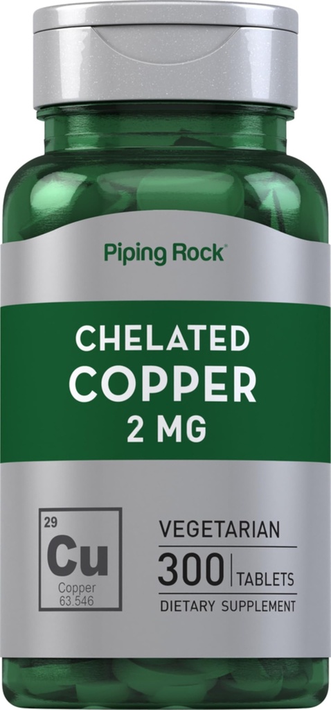 Piping Rock Chelated Copper 2 mg Supplemento | 300 compresse | Vegetariano, Non OGM, Gluten Free