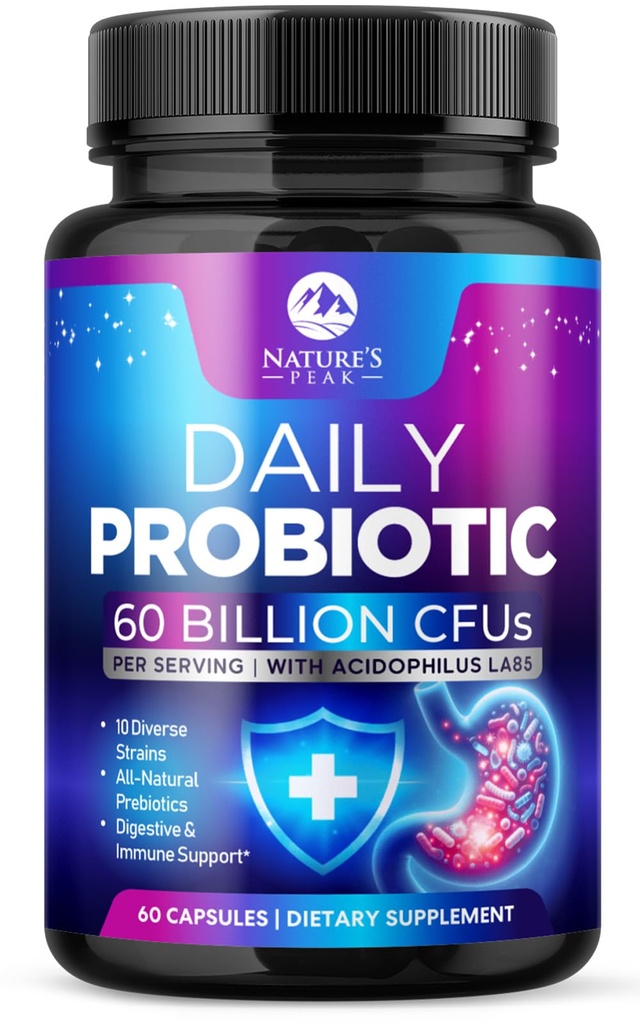 Probiotici 60 miliardi di CFU - 10 Strains + Enzimi Digestivi & Prebiotici - Miglior Probiotico per Donne & Uomini, Supporti Immune, Salute Gut, Costipazione Occasionale, Diarrea, Gas & Bloating - 60 capsule