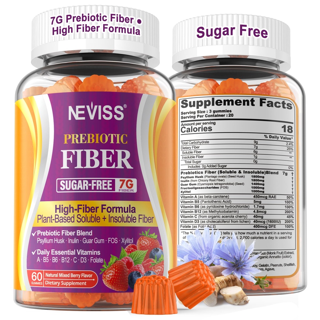 1Pack Fiber Gummies per adulti con Psyllium Husk, 7G(Soluble + Insolubile) Fibra prebiotica giornaliera con Inulin, FOS, Guar Gum, Multivitaminici per la salute digestiva quotidiana, Supporto per il fegato di regolarità, senza zucchero