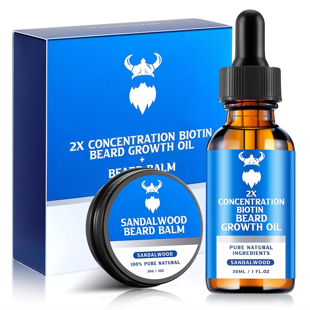 Olio di crescita del Beard & Beard Balm - Kit di crescita del cuscinetto con 2X Biotina di concentrazione per gli uomini, ingredienti naturali con olio di Argan, olio di Jojoba e vitamina (Sandalwood)