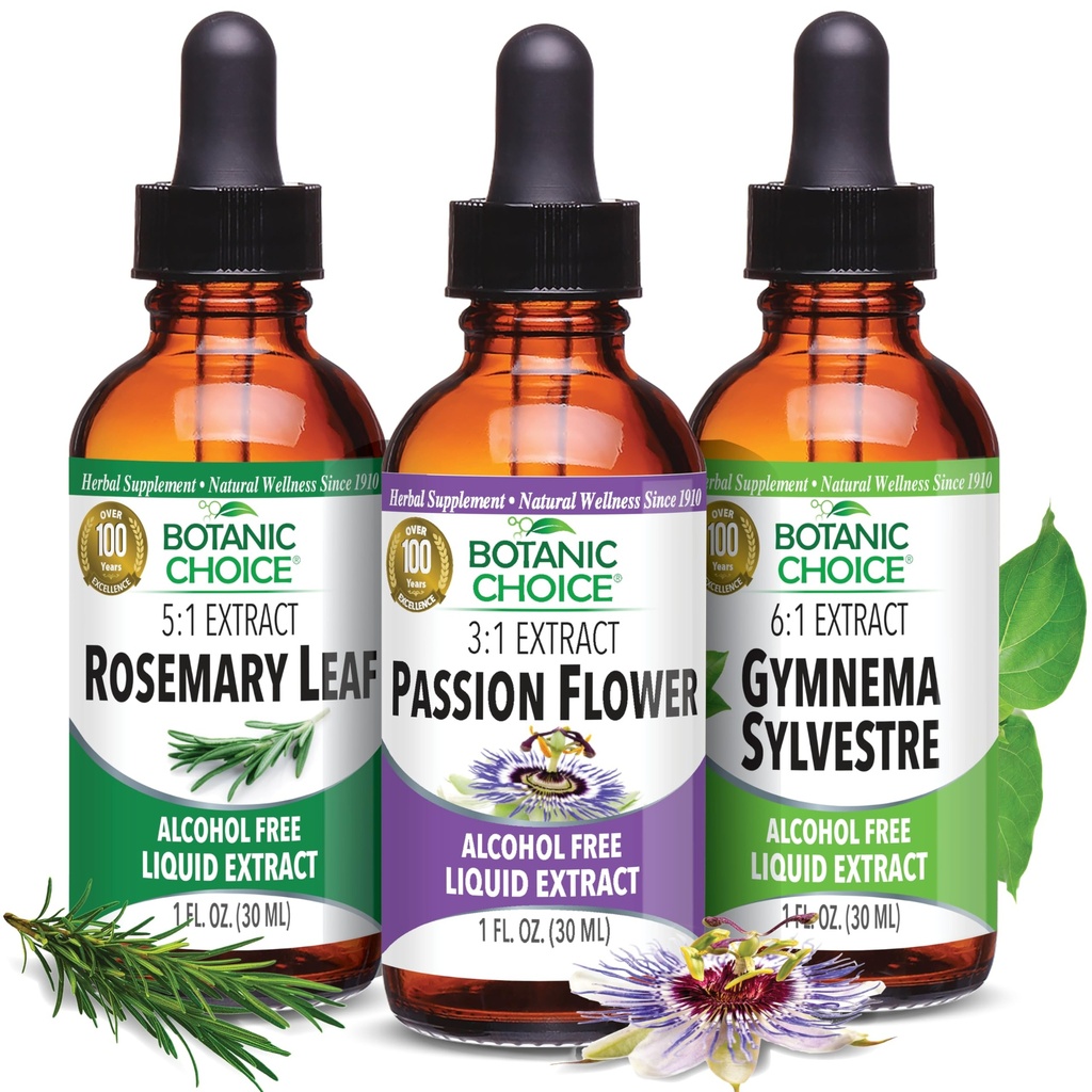 Botanic Choice Passion Flower, Rosemary Leaf, & Gymnema Sylvestre Extract Bundle – Kit benessere globale giornaliero per il benessere generale (1 fl. Oz. Ogni)
