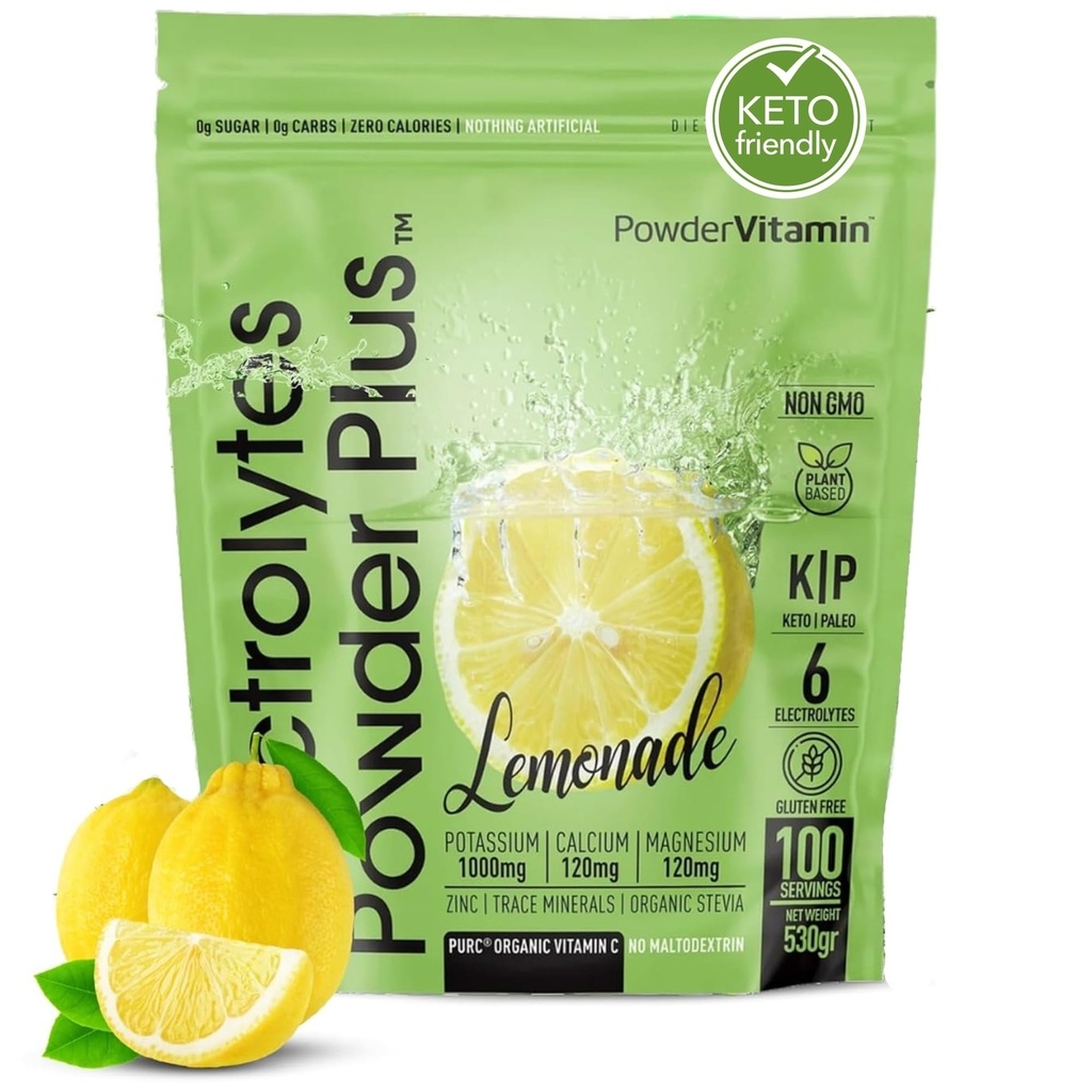 PolvereVitamin Electrolytes Polvere Plus Keto, Limonata (100 Serve) 0 Zucchero, No Maltodextrin, 1000mg Potassium, 120mg Calcio, 120mg Magnesio, Vitamina organica C, Calorie di azoto, Polvere di idratazione dell'energia