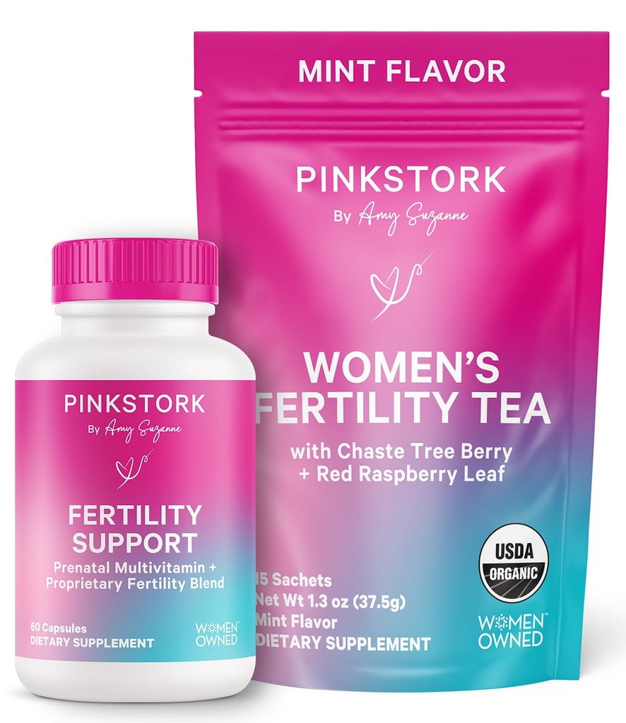 Fertilità di cicogna rosa Bundle per le donne – tè di concezione + supporto di vitamina prenatale con Inositol, Vitex, Folate & Ashwagandha – Supporta l'equilibrio dell'ormone, la salute del ciclo & Preconception Wellness