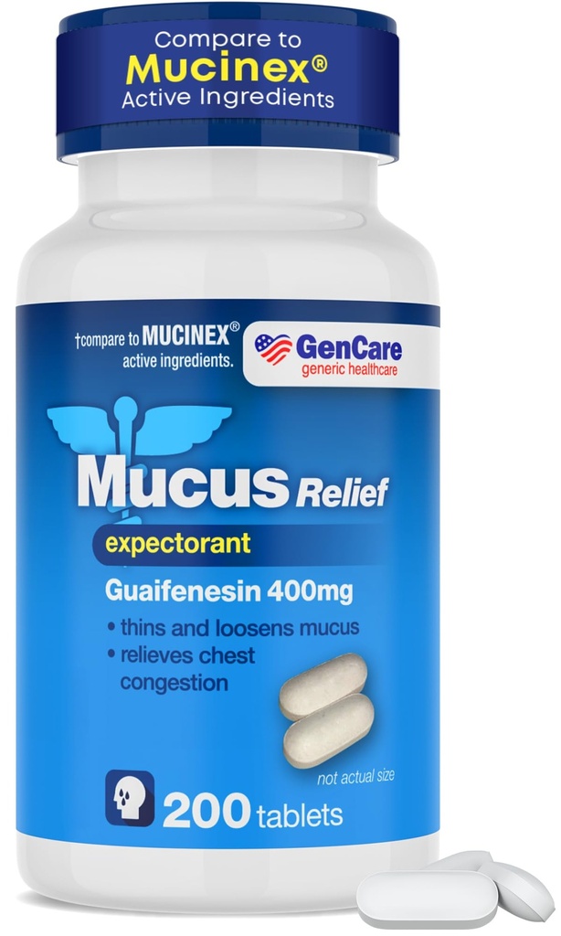 GenCare Mucus Relief Expectorant Guaifenesin 400 mg 200 Tablets Value Pack - La rapida azione di spegnimento del muco per i freddi, la congestione del petto, l'influenza, la tosse e le allergie