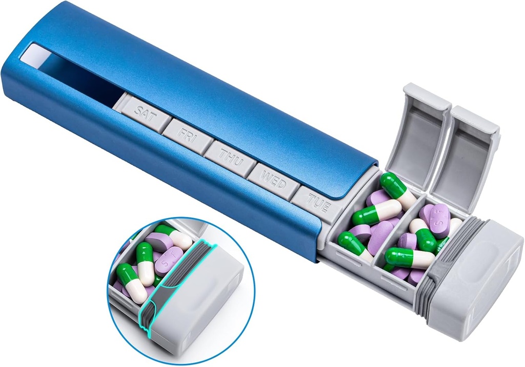 Daviky Metal Travel Pill Organizer, Premium Alluminio Pill Box 7 giorno, Weekly Daily Pill Case, Stylish&Cute Pill Holder for Medicines, Supplements and Vitamins (Blue+Gray)