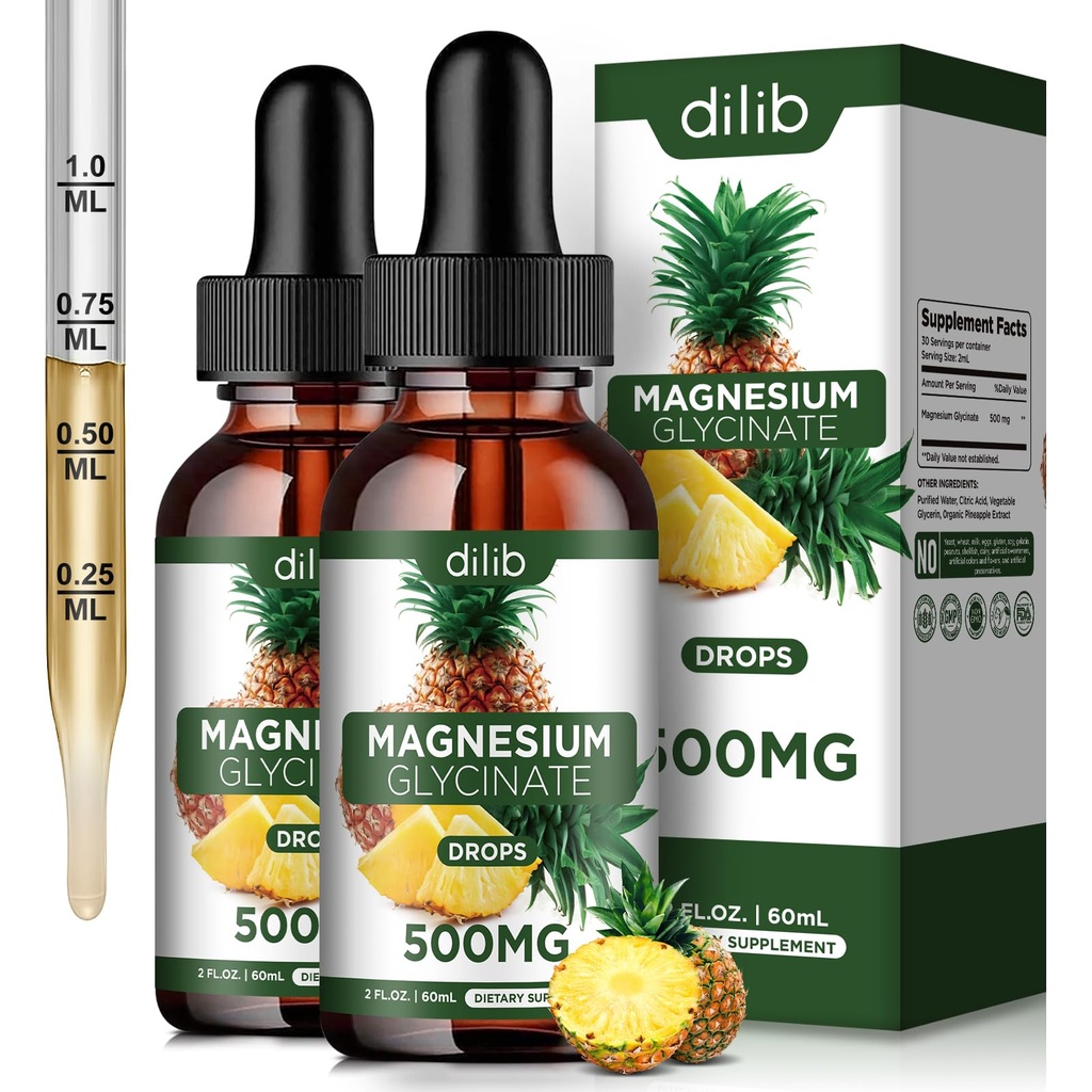 (2 Pack) Magnesio Glycinate Supplemento, Liquid Magnesium Glycinate Liquid Drops 500mg-Support Stress Relief, Relax, Mood, Sleep, Bone & Muscle-4 Fl Oz, Vegan, Ananas Flavor