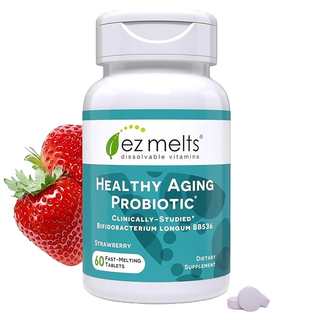 EZ Melts Dissolvable Healthy Aging Probiotic, Bifidobacterium Longum BB536 (2 miliardi di CFU), Sugar-Free, Probiotici per Donne & Uomini 50+, 2-Month Fornitura - 1 Confezione