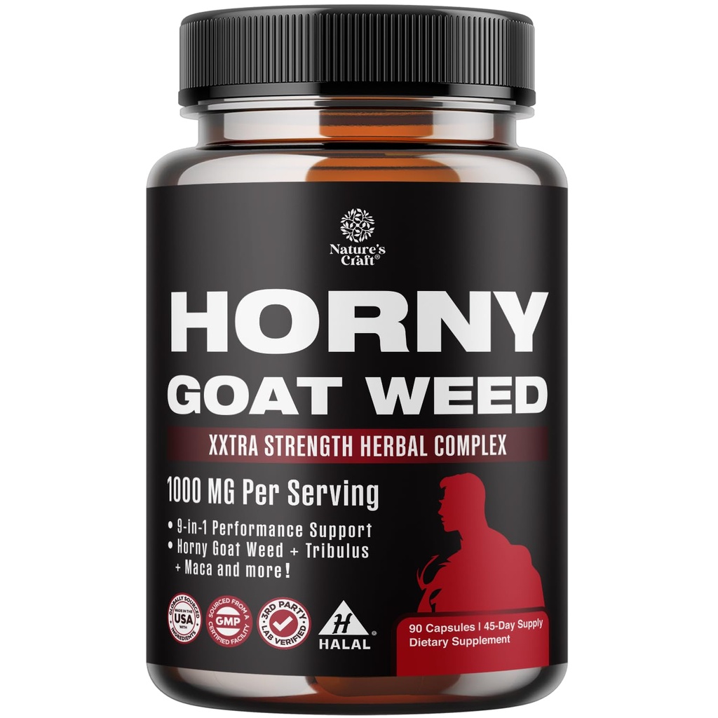 Natura Artigianato Arrapato Goat Weed per gli uomini - Extra Forza Male Supplemento con Nero Maca Root, Tongkat Ali, Sega Palmetto & Panax Ginseng Estratto per Stamina & Energy - 90 Capsule