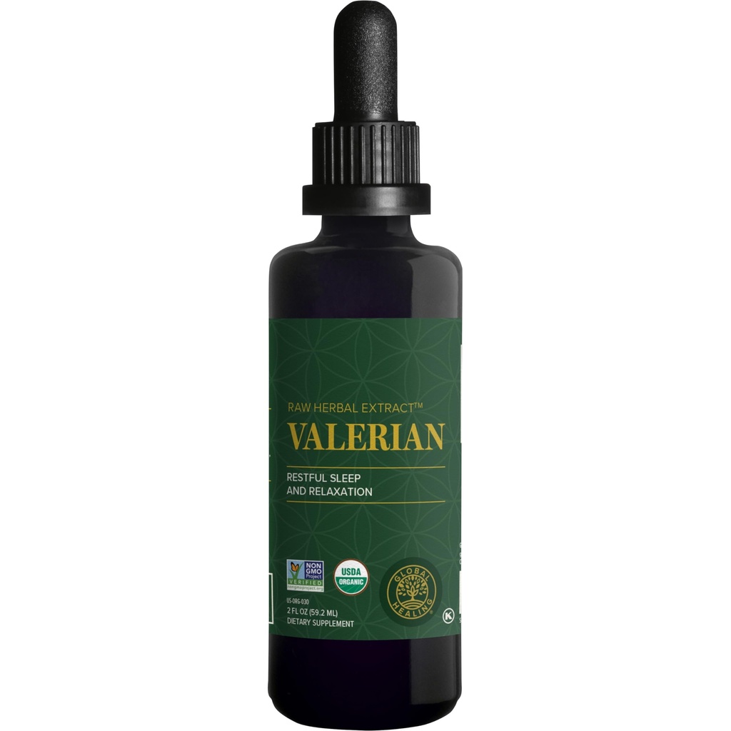 Global Healing Organic Valerian Root Extract Liquid Supplement - Estratto di erbe crudo per rilassamento sano, sonno e calma - alternativa alle capsule di radice valeriana per la biodisponibilità - 2 Fl Oz