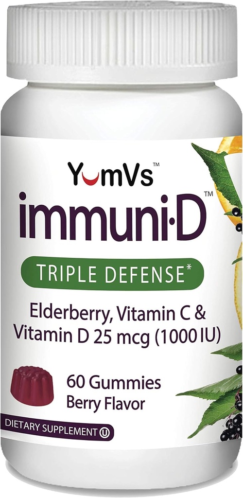 Gummie ImmuniD Elderberry di YumVs | Vitamine Triple Defense con Sambucus Elderberry, Vitamina C & Vitamina D | Supporto completo del sistema immunitario per le donne e gli uomini | Natural Berry Flavor-60 Count