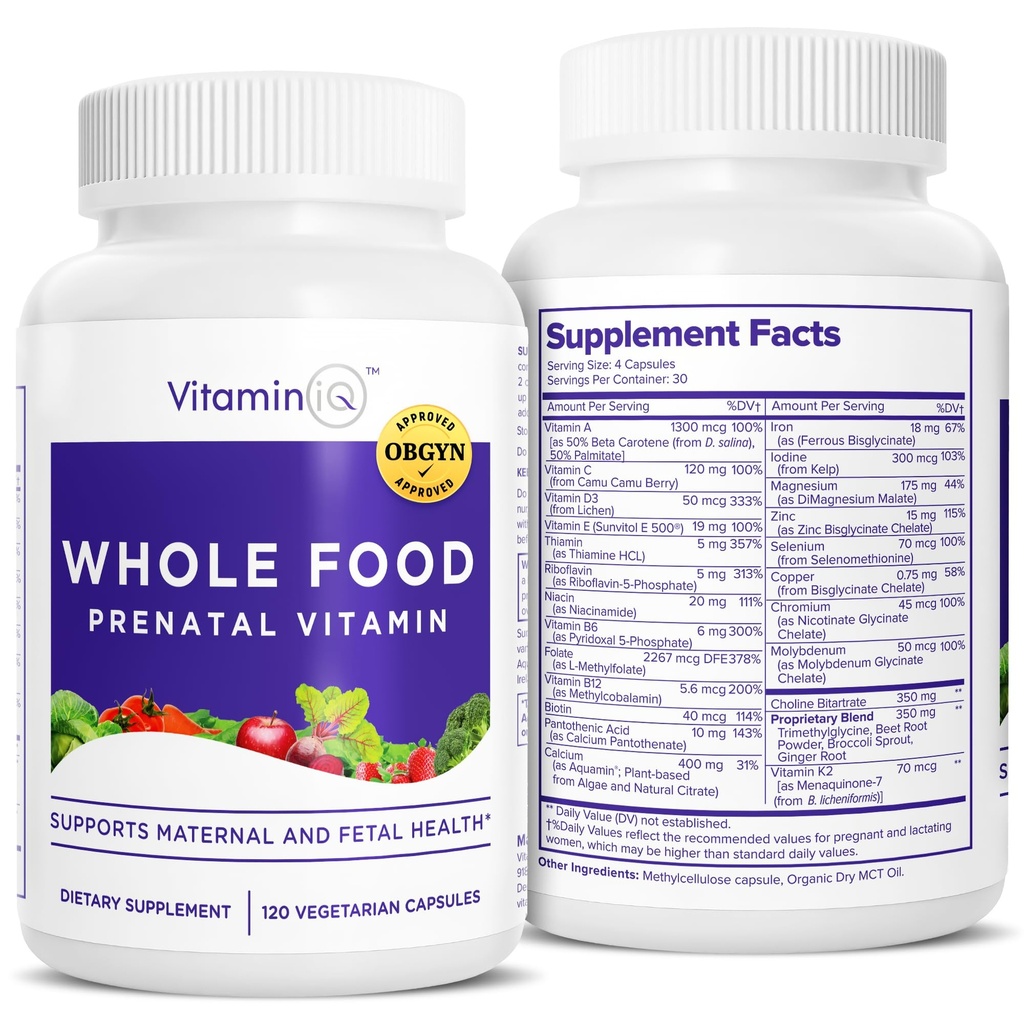 Vitamine Prenatali Intere Alimentari (120 capsule) Supporto naturale per la salute materna e fetale, Multivitamina Prenatale per le donne con colina, B Vitamine e altro, Vegan, No Soia, Gluten o Dairy