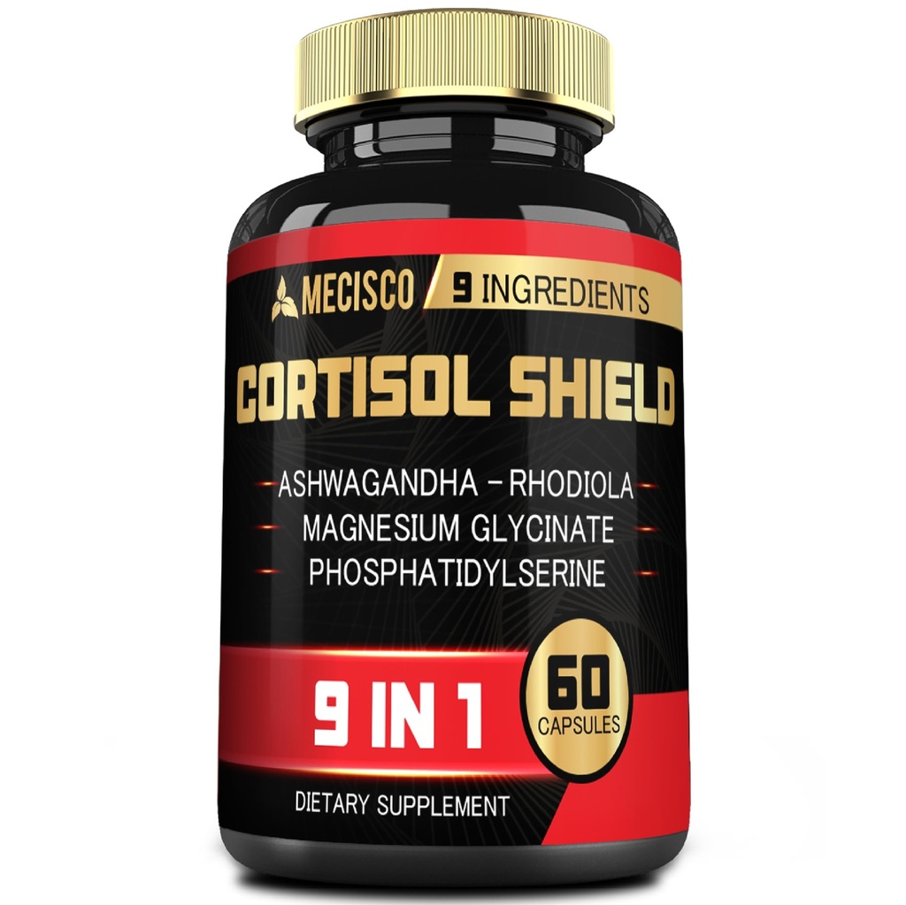 9in1 Cortisol Shield - Ashwagandha & Magnesium Glycinate, Rhodiola, Phosphatidylserine, L-teanina, Radice di liquirizia, San Giovanni Wort, Lions Mane - Mind & Mood, Restful Night Support - 60 Capsule