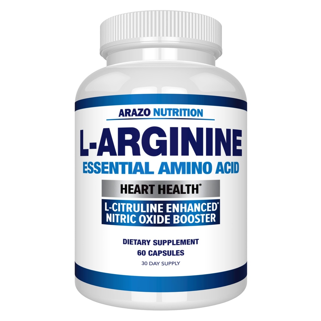 Arazo Nutrition Premium L Arginina - 1340mg Nitric Oxide Booster con L-Citrullina e Aminoacidi essenziali per guadagno muscolare ed energia - Potente NO Booster per allenare più lunga e più dura – 60 capsule