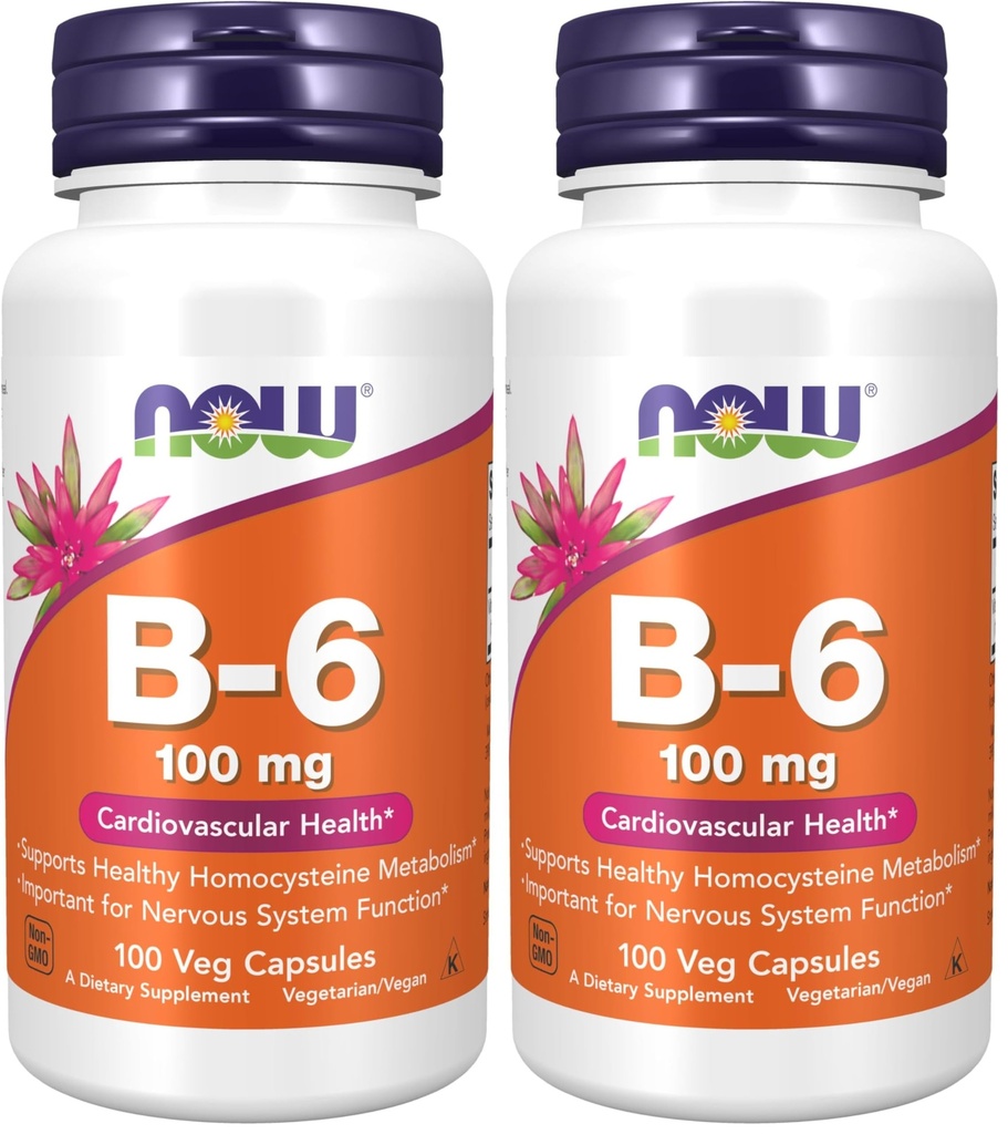 NOW Integratori, Vitamina B-6 (Pyridoxine HCl) 100 mg, Salute cardiovascolare*, 100 capsule di Veg (Pack of 2)