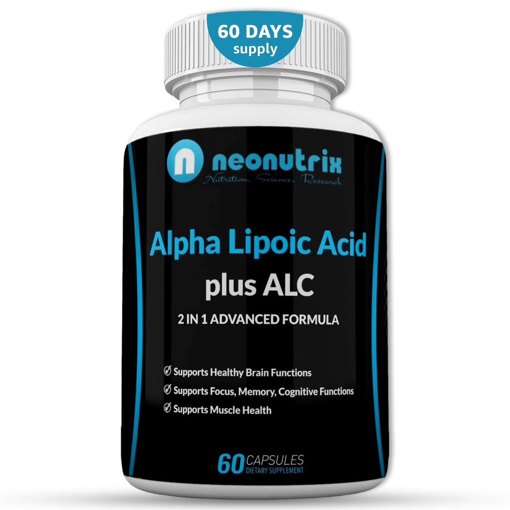 Alpha Lipoic Acid Plus Acetyl L-Carnitina Antiossidante Supplemento ALA ALC per la funzione sana del cervello e la resistenza del muscolo, messa a fuoco, memoria e funzione cognitiva per le donne e gli uomini - 60 capsule di Neonutrix