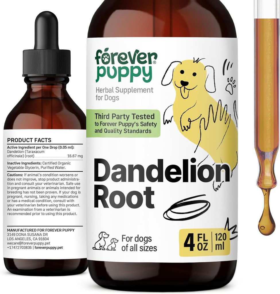 Forever Puppy Dandelion Gocce di radice per cani - Supplemento di salute del fegato liquido per cani grandi, medi e piccoli - Gocce di disintossicazione del fegato w / estratto di radice del dente di leone - 4 oz