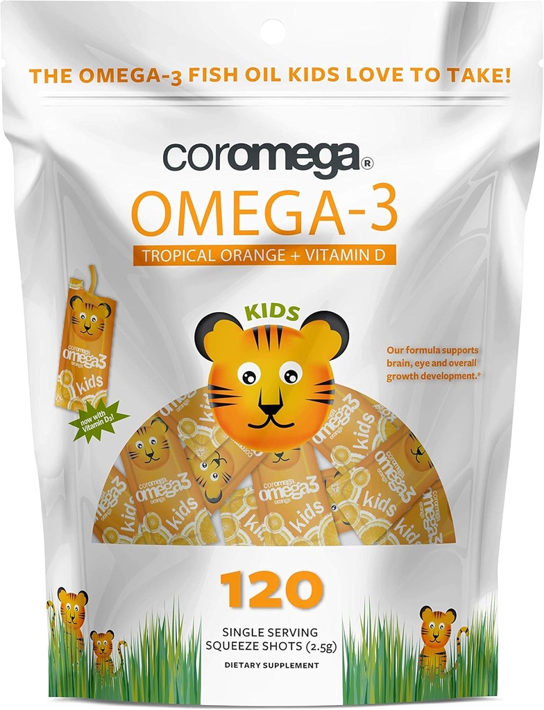 Coromega bambini Omega 3 Fish Oil Supplemento, 650mg di Omega-3, Tropical Orange + Vitamina D, 120 Single Serve Squeeze Packets