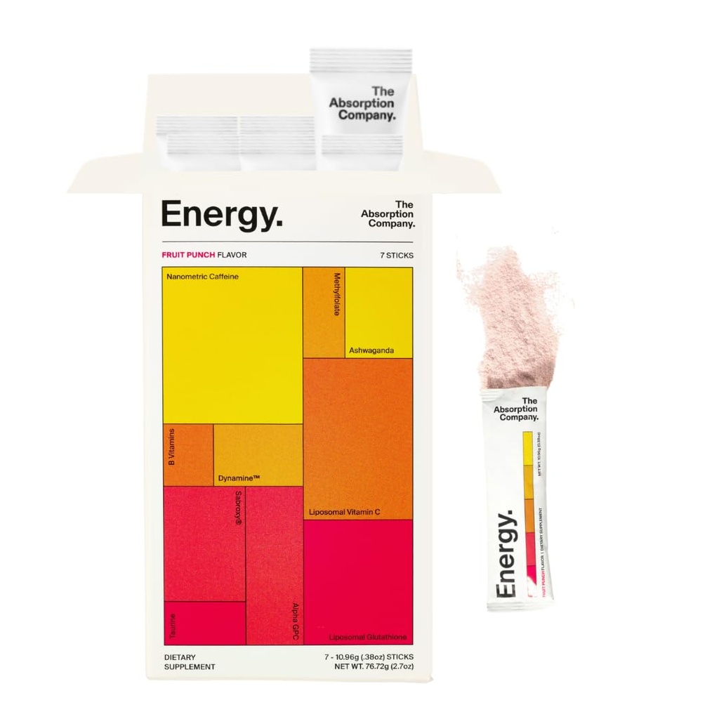The Absorption Company Energy Drink Powder Mix Packets – Clean Energy Booster to Support Alertness with 150mg Natural Caffeine & Vitamin C – Fruit Punch Flavor, 7 Sticks