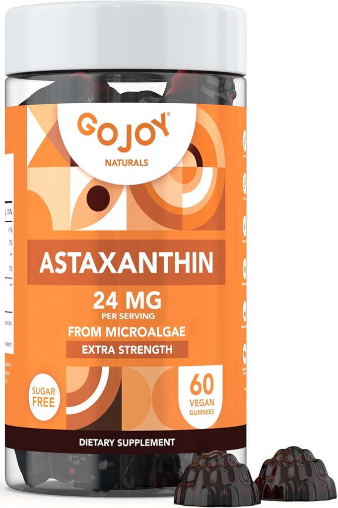 GOJOY NATURALS Astaxanthin Gummies 24mg – Integratore antiossidante ad alta potenza – Supporto per la salute della pelle, dell'occhio e dell'immunità – Vegan, senza zucchero, non OGM, senza glutine, senza soia – 60 Gummies