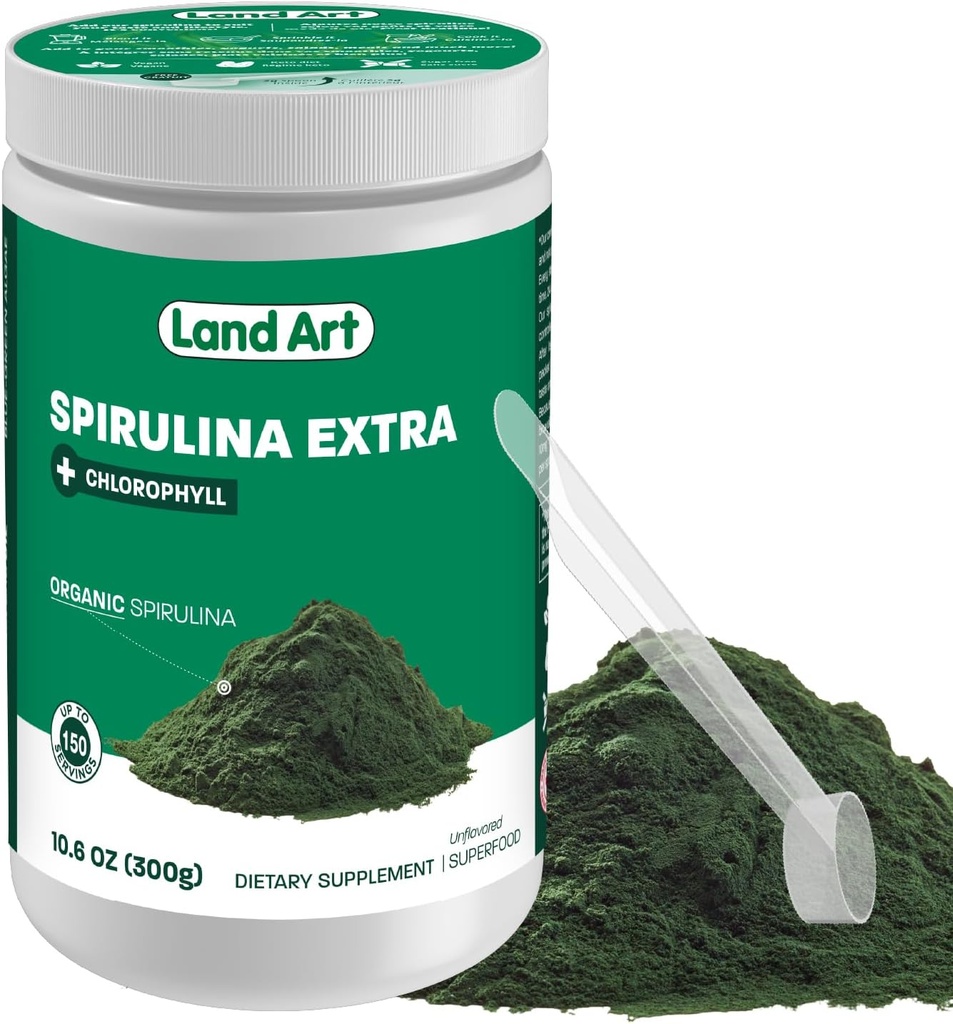 Terra Arte certificata Spirulina Organica Fresca Extra Polvere 300g - Migliorata con Biodisponibile Clorofilla Aggiunto - Non infiammata - Sorgente pulita - Terza Parte Testata - Misurazione Spoon Inside