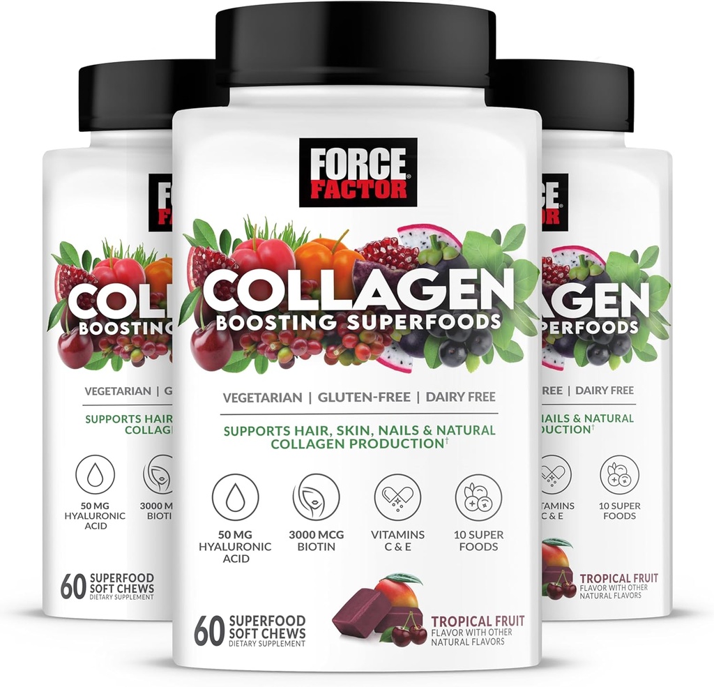FORCE FACTOR Collagen Boosting Superfoods, Vegan Collagen Booster per le donne, Con Biotina, Acido ialuronico e Vitamina C, Per capelli, Pelle, Unghie, & Joint Support, Frutta tropicale, 180 Soft Chews, 3-Pack