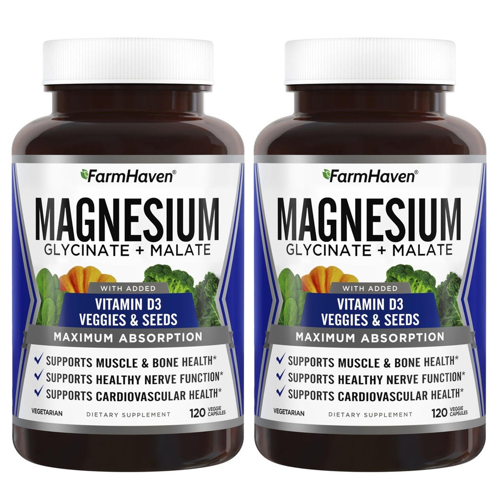 FarmHaven Magnesium Glycinate & Malate Complex w/Vitamin D3, 100% Chelated for Max Absorption- Bone Health, Nervi, Muscoli, 240 capsule, 120 giorni