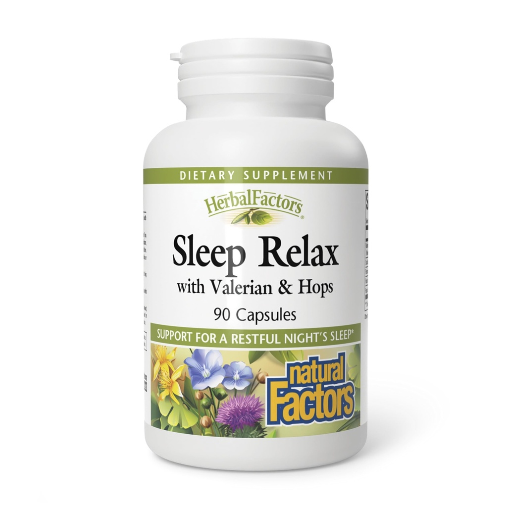 Herbal Factors Sleep Relax Formula by Natural Factors, Natural Sleep Aid with Valerian Root, Passion Flower and Skullcap, Non-GMO, 90 capsule (90 porzioni)