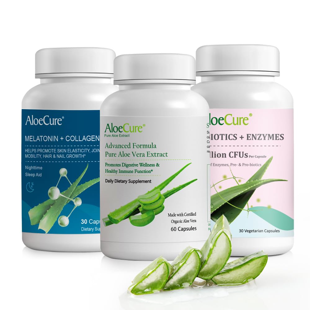 AloeCure Organic Aloe Vera Capsules Pack - 3 Pezzi - Melatonina + Collage, Aloe Vera Capsules, Probiotico + Enzyme
