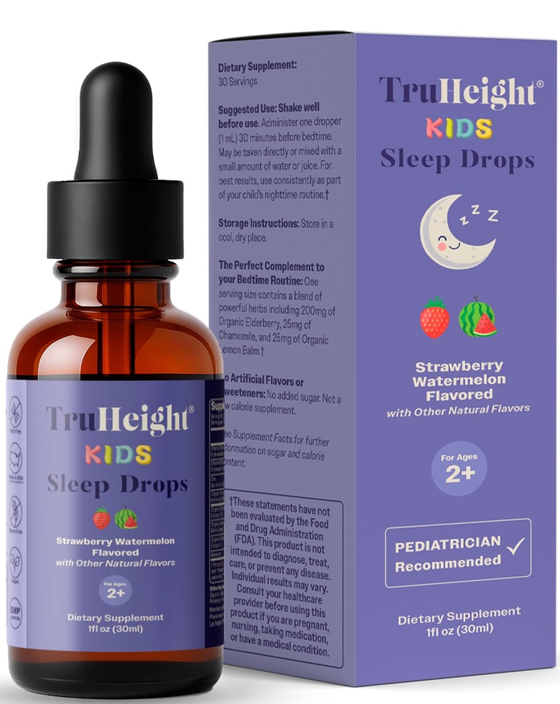 TruHeight Kids Sleep Tincture Età 2+ (Watermelon Flavor) - Babies, Toddler & Kids Natural Sleep Aid - Baby, Toddler, Child Melatonin 2 Year Old+ - Vitamina B6, Riboflavin, Zinco, Rame, Lemon Balm