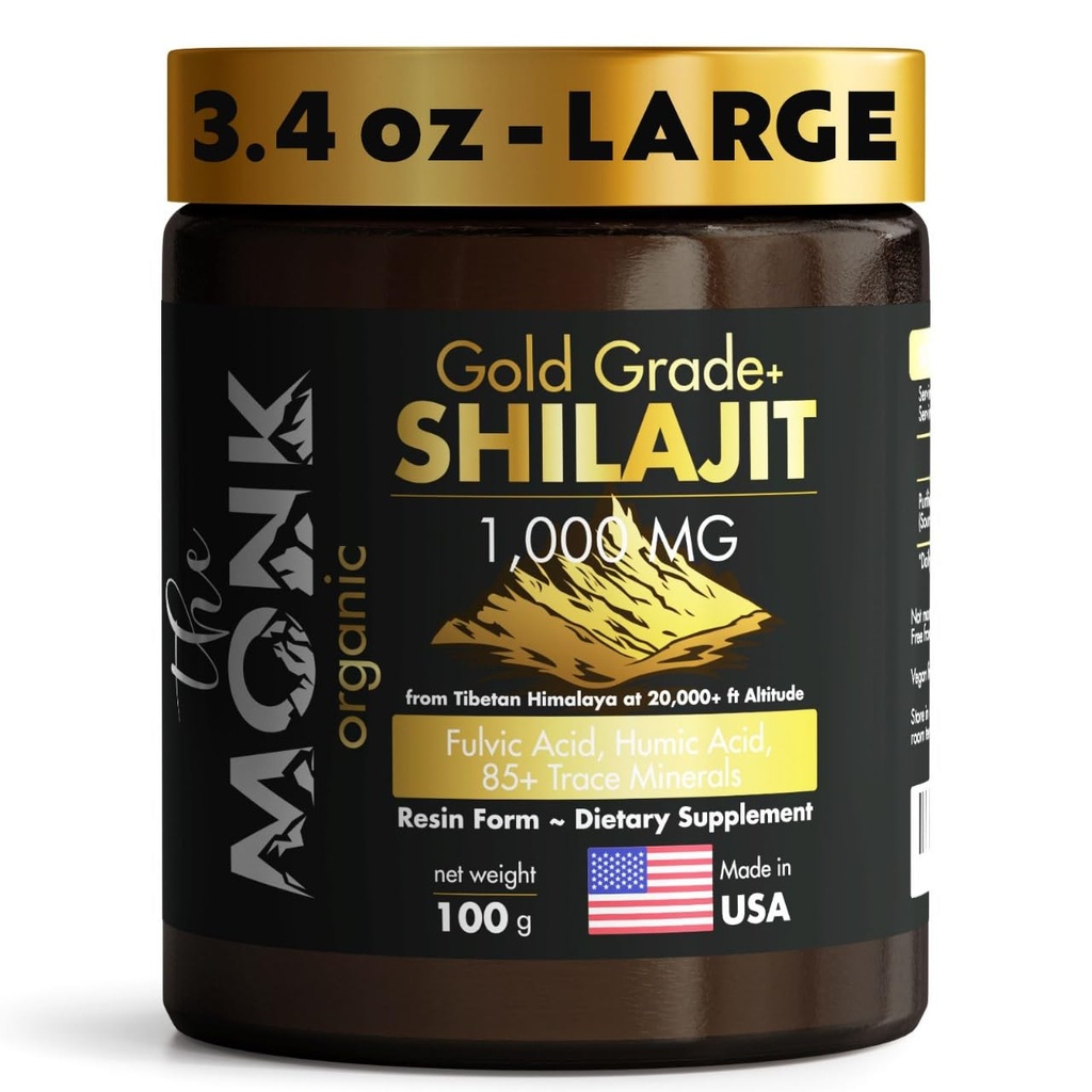 Organic Himalayan Shilajit Resina con Acido Fulvico, Acido Humico, 85+ Minerali- Gold Grade Plus - 100g, 1000 mg Per Serving - Energia, Stamina, Supporto cerebrale - Made in the USA