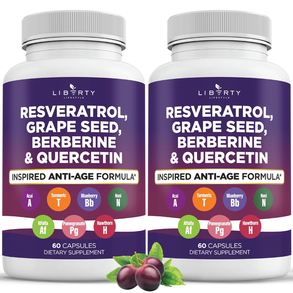 Resveratrolo, Berberina, Estratto di semi di uva, Quercetina, Supplemento di polifenolo per le donne e gli uomini con Estratto di noni, Cisteina N-Acetil, Estratto di Acai - 2-Pack