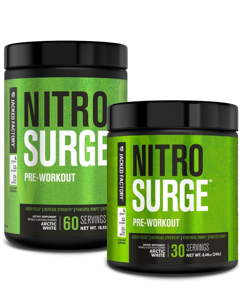 Jacked Factory NITROSURGE Pre Supplemento di allenamento - Energia senza fine, Gains di resistenza istantanea, messa a fuoco trasparente, pompe intenzionali - NO Booster & Potente Preworkout polvere di energia - 90 Serve, Bianco artico