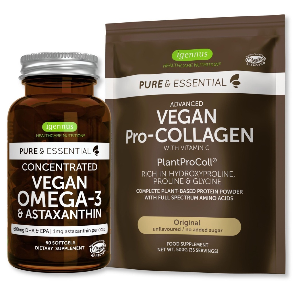 Pure & Essential Vegan Collagen Peptide Protein Powder & Vegan Omega 3 Bundle, Collagen completo Boosting Formula & Sustainable Algae Oil 1340mg, di Igennus