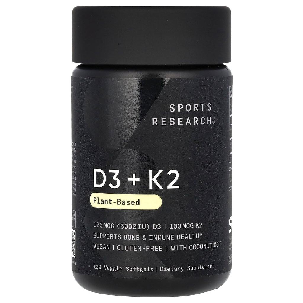 Vitamina D3 con K2 Softgels - Plant Based K2 & Vegan D3 5000iu con olio di cocco MCT - Vegan Certified, Soy & Gluten Free - 120 Count