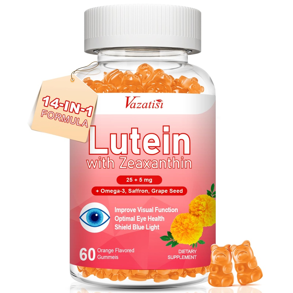Lutein e Zeaxanthin integratori Gummies, Advanced Eye Vitamin Supplement con Bilberry, Zafferano, Seme di Uva, Omega 3 per la salute maculare, Occhio secco, Funzione visiva - Arancione Flavor, 60 Conte