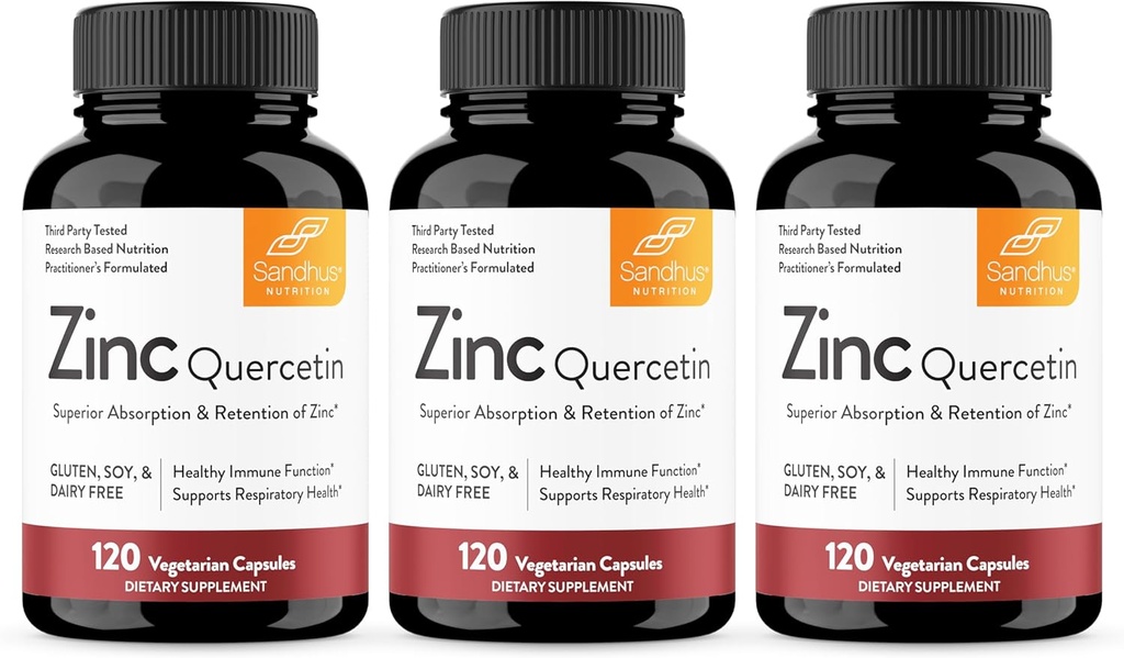 Sandhu's Zinc Quercetin 120 capsule vegetariane (Pack of 3) | Integratori di zinco per il supporto immunitario antiossidante per gli uomini e le donne | Gluten, Soia, Latticini Free