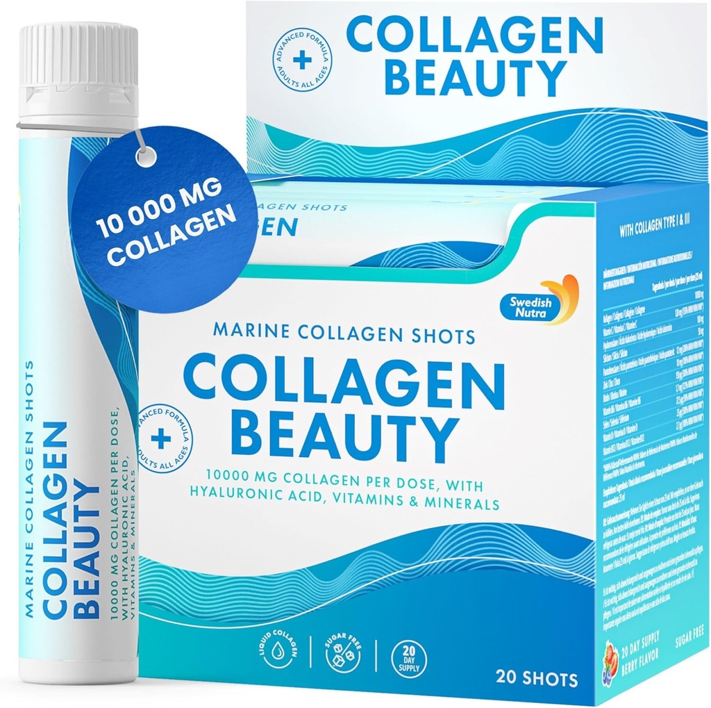 Nutra svedese - Collagen Beauty | 10.000 mg Integratore liquido di collagene marino idrolizzato - 20 x 25 ml Shot giornalieri | Acido ialuronico e vitamina C per sostenere capelli sani, pelle, unghie | Senza zucchero